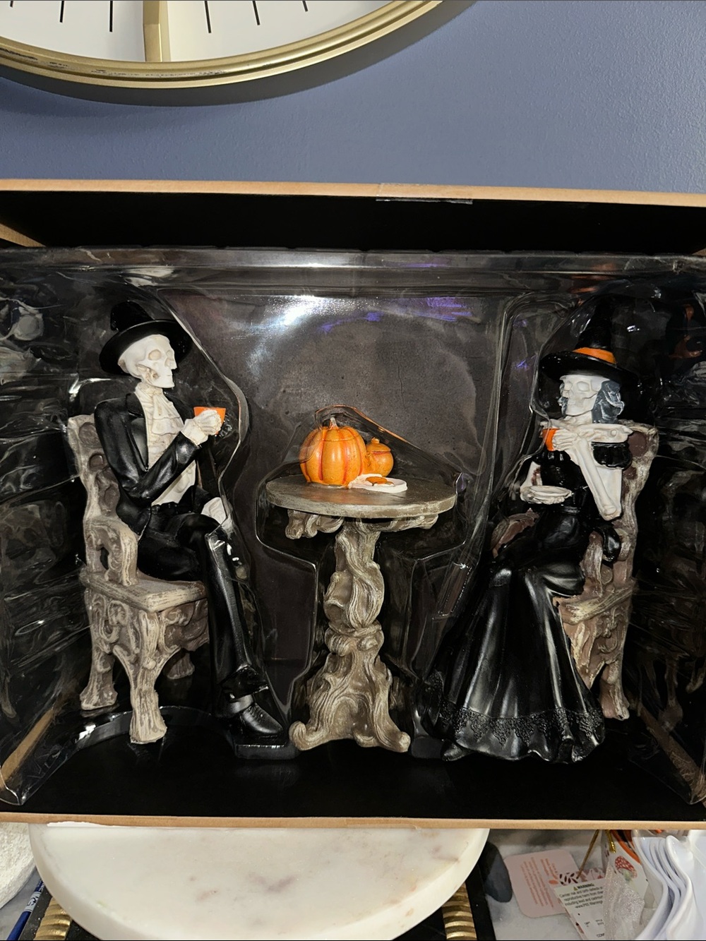 Skeleton Couple Halloween Figurine Set with Pumpkin Accent - Black & Orange